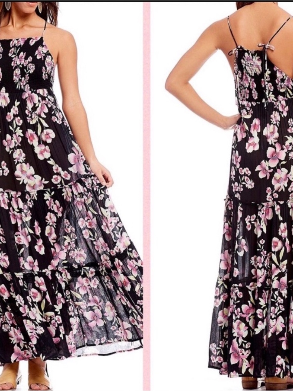 Free People "Garden Party" Black/Pink Floral Maxi Dress, Tiered Skirt, XS  ,EUC
